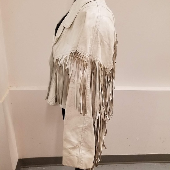 UNISEX COWBOY BEIGE WESTERN LEATHER JACKET WITH FRINGE - Picture 5 of 13